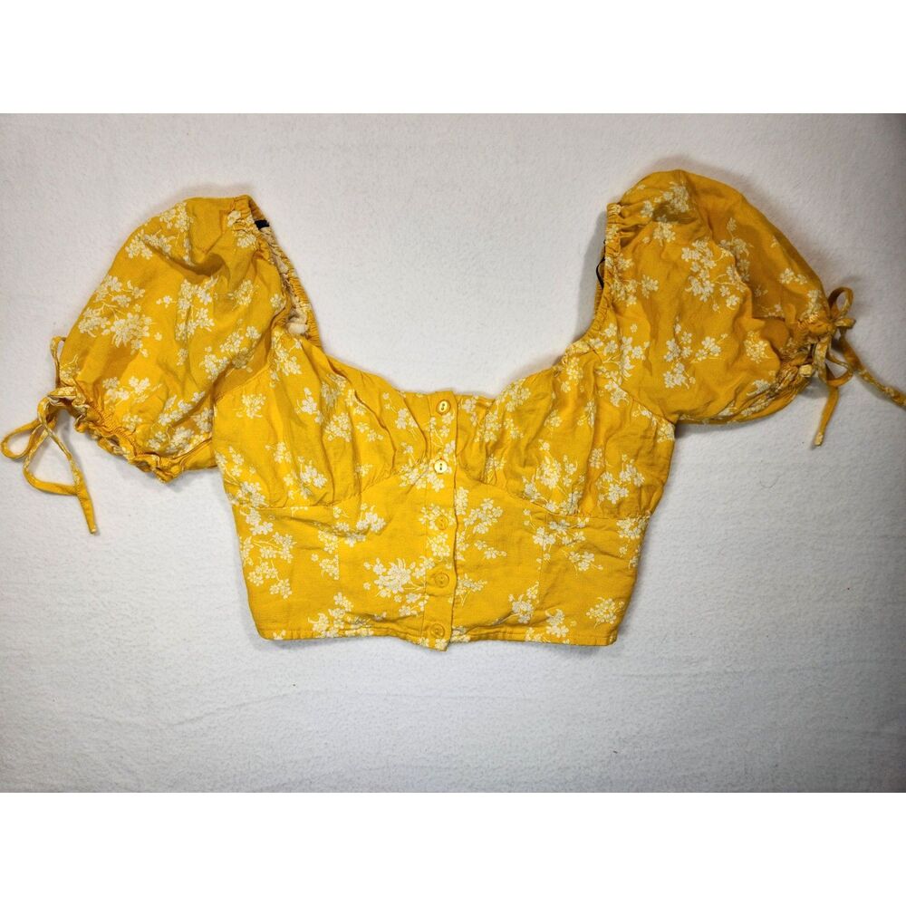 Forever 21 Crop Top Small Yellow Floral Puff Sleeve Milkmaid Cottage Linen Blend - Picture 2 of 10